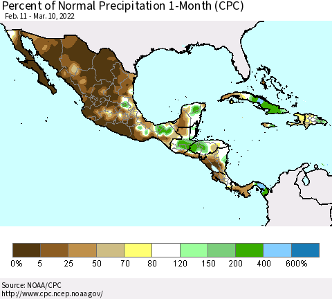 Mexico Central America and the Caribbean Percent of Normal Precipitation 1-Month (CPC) Thematic Map For 2/11/2022 - 3/10/2022