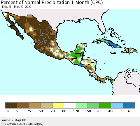 Mexico Central America and the Caribbean Percent of Normal Precipitation 1-Month (CPC) Thematic Map For 2/21/2022 - 3/20/2022