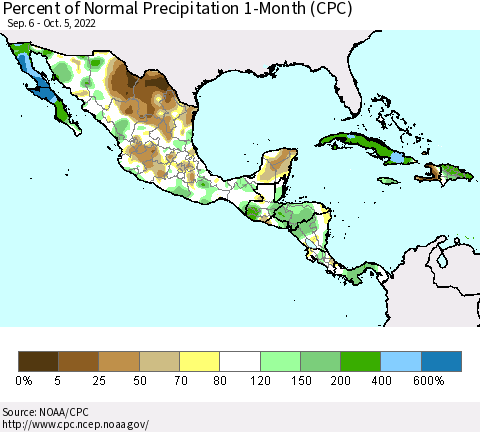 Mexico Central America and the Caribbean Percent of Normal Precipitation 1-Month (CPC) Thematic Map For 9/6/2022 - 10/5/2022