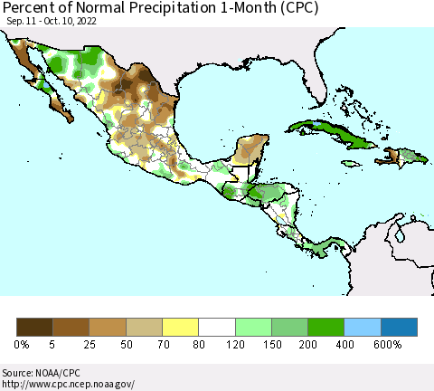 Mexico Central America and the Caribbean Percent of Normal Precipitation 1-Month (CPC) Thematic Map For 9/11/2022 - 10/10/2022
