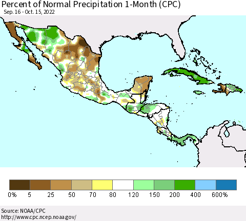 Mexico Central America and the Caribbean Percent of Normal Precipitation 1-Month (CPC) Thematic Map For 9/16/2022 - 10/15/2022