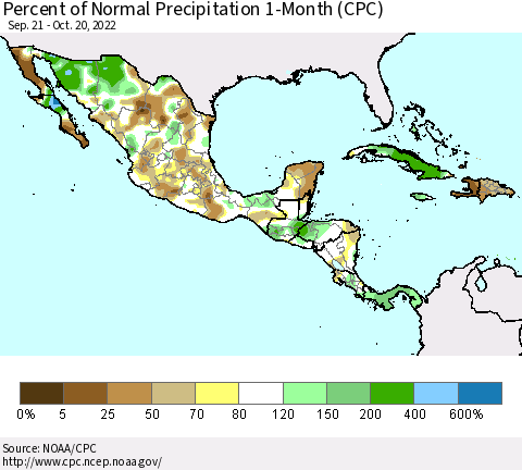 Mexico Central America and the Caribbean Percent of Normal Precipitation 1-Month (CPC) Thematic Map For 9/21/2022 - 10/20/2022