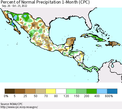 Mexico Central America and the Caribbean Percent of Normal Precipitation 1-Month (CPC) Thematic Map For 9/26/2022 - 10/25/2022