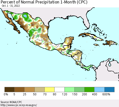 Mexico Central America and the Caribbean Percent of Normal Precipitation 1-Month (CPC) Thematic Map For 10/1/2022 - 10/31/2022