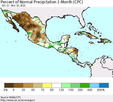 Mexico Central America and the Caribbean Percent of Normal Precipitation 1-Month (CPC) Thematic Map For 10/11/2022 - 11/10/2022