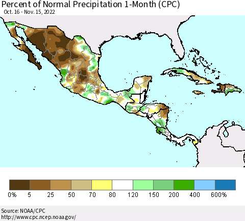 Mexico Central America and the Caribbean Percent of Normal Precipitation 1-Month (CPC) Thematic Map For 10/16/2022 - 11/15/2022