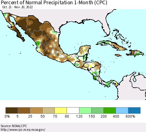 Mexico Central America and the Caribbean Percent of Normal Precipitation 1-Month (CPC) Thematic Map For 10/21/2022 - 11/20/2022