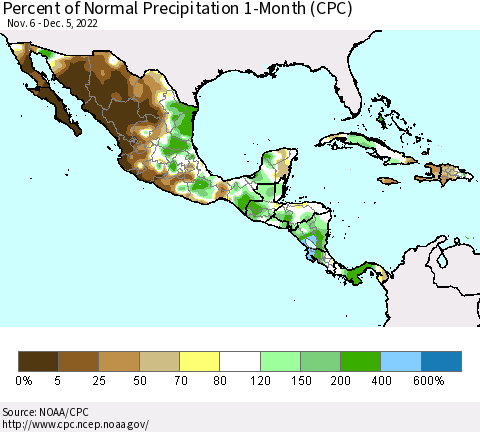Mexico Central America and the Caribbean Percent of Normal Precipitation 1-Month (CPC) Thematic Map For 11/6/2022 - 12/5/2022