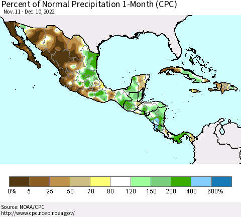 Mexico Central America and the Caribbean Percent of Normal Precipitation 1-Month (CPC) Thematic Map For 11/11/2022 - 12/10/2022