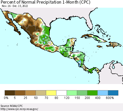 Mexico Central America and the Caribbean Percent of Normal Precipitation 1-Month (CPC) Thematic Map For 11/16/2022 - 12/15/2022
