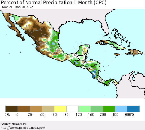 Mexico Central America and the Caribbean Percent of Normal Precipitation 1-Month (CPC) Thematic Map For 11/21/2022 - 12/20/2022