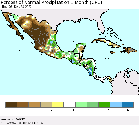 Mexico Central America and the Caribbean Percent of Normal Precipitation 1-Month (CPC) Thematic Map For 11/26/2022 - 12/25/2022