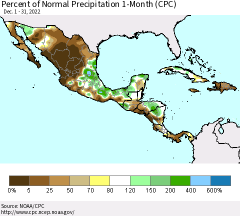 Mexico Central America and the Caribbean Percent of Normal Precipitation 1-Month (CPC) Thematic Map For 12/1/2022 - 12/31/2022
