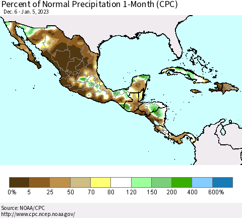 Mexico Central America and the Caribbean Percent of Normal Precipitation 1-Month (CPC) Thematic Map For 12/6/2022 - 1/5/2023