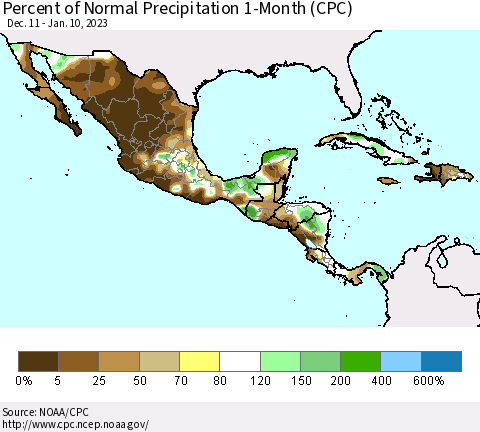 Mexico Central America and the Caribbean Percent of Normal Precipitation 1-Month (CPC) Thematic Map For 12/11/2022 - 1/10/2023