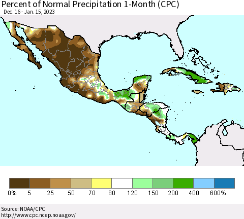 Mexico Central America and the Caribbean Percent of Normal Precipitation 1-Month (CPC) Thematic Map For 12/16/2022 - 1/15/2023