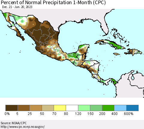 Mexico Central America and the Caribbean Percent of Normal Precipitation 1-Month (CPC) Thematic Map For 12/21/2022 - 1/20/2023