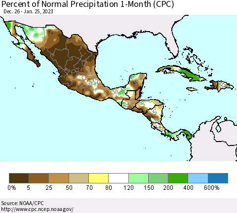 Mexico Central America and the Caribbean Percent of Normal Precipitation 1-Month (CPC) Thematic Map For 12/26/2022 - 1/25/2023