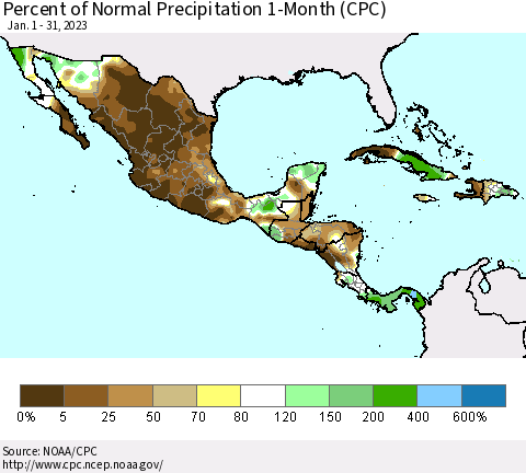 Mexico Central America and the Caribbean Percent of Normal Precipitation 1-Month (CPC) Thematic Map For 1/1/2023 - 1/31/2023