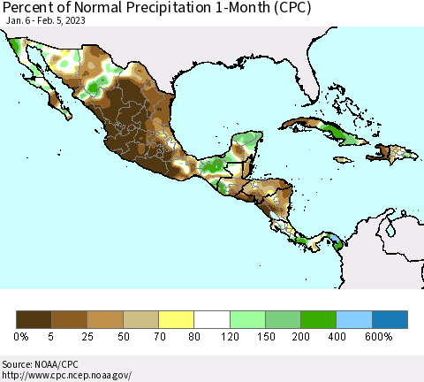 Mexico Central America and the Caribbean Percent of Normal Precipitation 1-Month (CPC) Thematic Map For 1/6/2023 - 2/5/2023