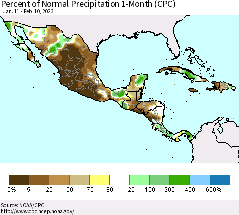 Mexico Central America and the Caribbean Percent of Normal Precipitation 1-Month (CPC) Thematic Map For 1/11/2023 - 2/10/2023