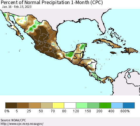 Mexico Central America and the Caribbean Percent of Normal Precipitation 1-Month (CPC) Thematic Map For 1/16/2023 - 2/15/2023