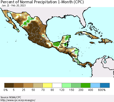 Mexico Central America and the Caribbean Percent of Normal Precipitation 1-Month (CPC) Thematic Map For 1/21/2023 - 2/20/2023