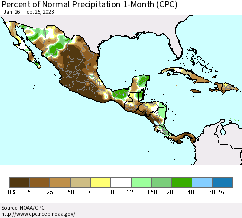 Mexico Central America and the Caribbean Percent of Normal Precipitation 1-Month (CPC) Thematic Map For 1/26/2023 - 2/25/2023