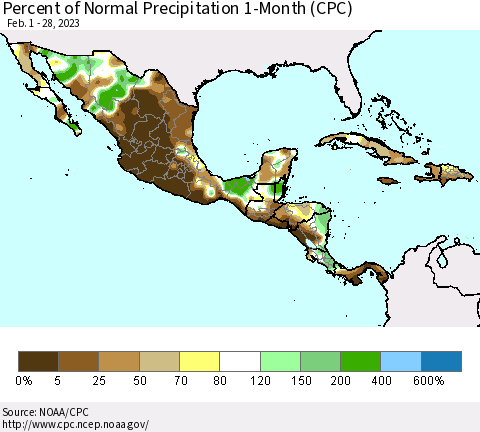 Mexico Central America and the Caribbean Percent of Normal Precipitation 1-Month (CPC) Thematic Map For 2/1/2023 - 2/28/2023