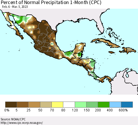 Mexico Central America and the Caribbean Percent of Normal Precipitation 1-Month (CPC) Thematic Map For 2/6/2023 - 3/5/2023