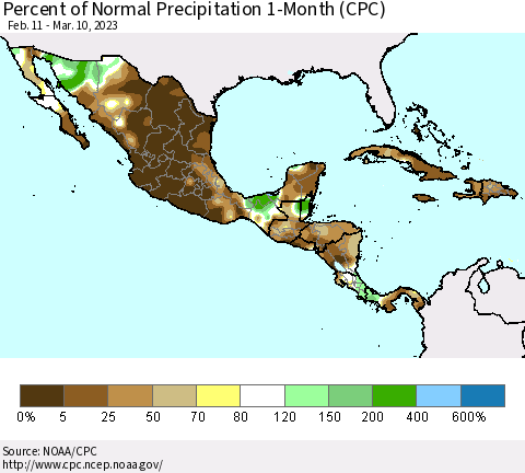 Mexico Central America and the Caribbean Percent of Normal Precipitation 1-Month (CPC) Thematic Map For 2/11/2023 - 3/10/2023