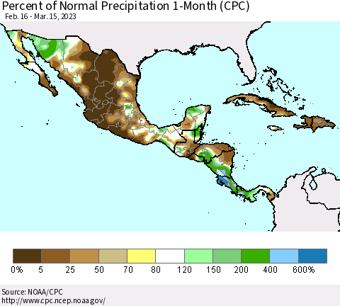 Mexico Central America and the Caribbean Percent of Normal Precipitation 1-Month (CPC) Thematic Map For 2/16/2023 - 3/15/2023
