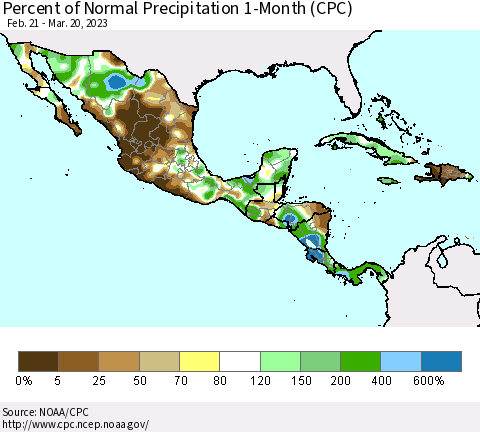 Mexico Central America and the Caribbean Percent of Normal Precipitation 1-Month (CPC) Thematic Map For 2/21/2023 - 3/20/2023