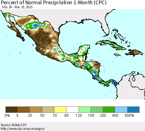 Mexico Central America and the Caribbean Percent of Normal Precipitation 1-Month (CPC) Thematic Map For 2/26/2023 - 3/25/2023