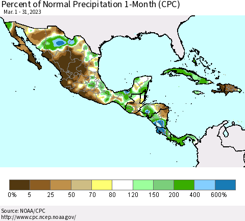 Mexico Central America and the Caribbean Percent of Normal Precipitation 1-Month (CPC) Thematic Map For 3/1/2023 - 3/31/2023