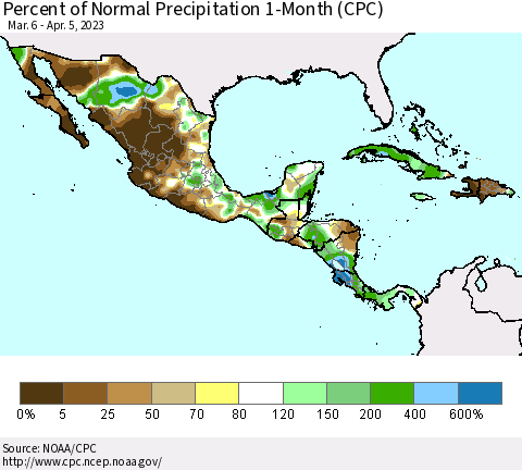 Mexico Central America and the Caribbean Percent of Normal Precipitation 1-Month (CPC) Thematic Map For 3/6/2023 - 4/5/2023