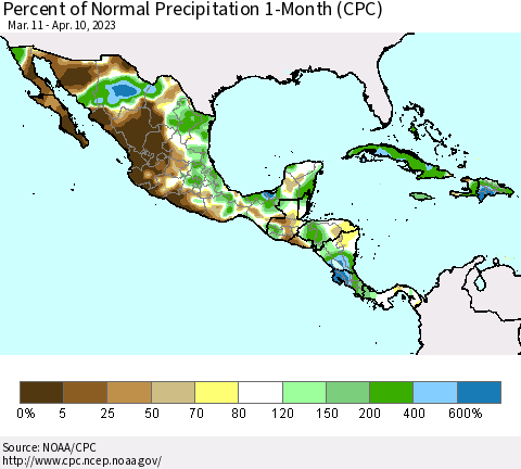 Mexico Central America and the Caribbean Percent of Normal Precipitation 1-Month (CPC) Thematic Map For 3/11/2023 - 4/10/2023