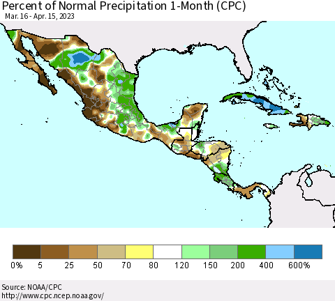 Mexico Central America and the Caribbean Percent of Normal Precipitation 1-Month (CPC) Thematic Map For 3/16/2023 - 4/15/2023