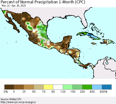 Mexico Central America and the Caribbean Percent of Normal Precipitation 1-Month (CPC) Thematic Map For 3/21/2023 - 4/20/2023
