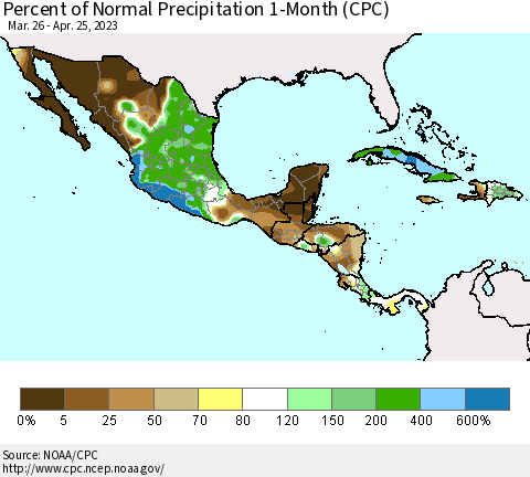 Mexico Central America and the Caribbean Percent of Normal Precipitation 1-Month (CPC) Thematic Map For 3/26/2023 - 4/25/2023