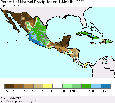 Mexico Central America and the Caribbean Percent of Normal Precipitation 1-Month (CPC) Thematic Map For 4/1/2023 - 4/30/2023