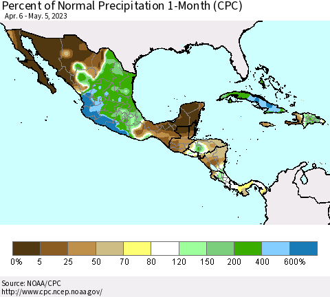 Mexico Central America and the Caribbean Percent of Normal Precipitation 1-Month (CPC) Thematic Map For 4/6/2023 - 5/5/2023