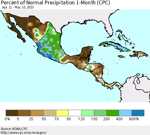 Mexico Central America and the Caribbean Percent of Normal Precipitation 1-Month (CPC) Thematic Map For 4/11/2023 - 5/10/2023