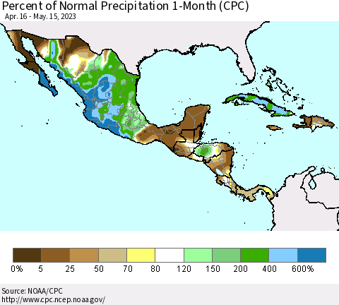 Mexico Central America and the Caribbean Percent of Normal Precipitation 1-Month (CPC) Thematic Map For 4/16/2023 - 5/15/2023