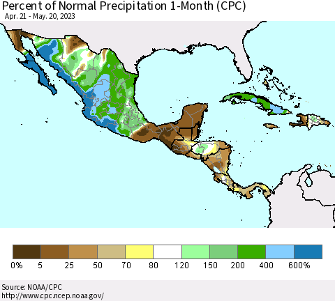 Mexico Central America and the Caribbean Percent of Normal Precipitation 1-Month (CPC) Thematic Map For 4/21/2023 - 5/20/2023