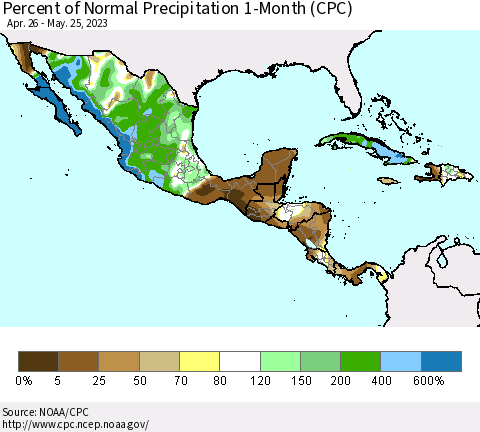 Mexico Central America and the Caribbean Percent of Normal Precipitation 1-Month (CPC) Thematic Map For 4/26/2023 - 5/25/2023