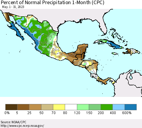 Mexico Central America and the Caribbean Percent of Normal Precipitation 1-Month (CPC) Thematic Map For 5/1/2023 - 5/31/2023