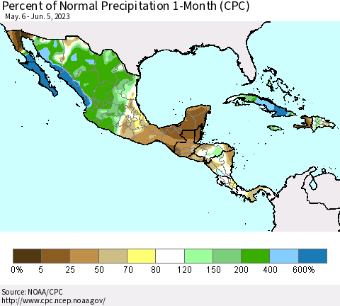 Mexico Central America and the Caribbean Percent of Normal Precipitation 1-Month (CPC) Thematic Map For 5/6/2023 - 6/5/2023