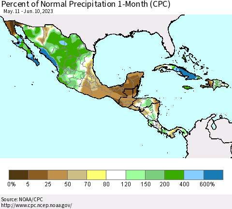 Mexico Central America and the Caribbean Percent of Normal Precipitation 1-Month (CPC) Thematic Map For 5/11/2023 - 6/10/2023