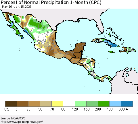 Mexico Central America and the Caribbean Percent of Normal Precipitation 1-Month (CPC) Thematic Map For 5/16/2023 - 6/15/2023